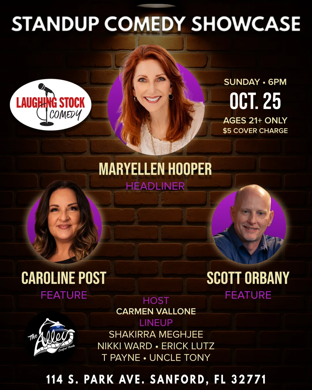 Standup Comedy Showcase poster, Sunday, October 25, The Alley