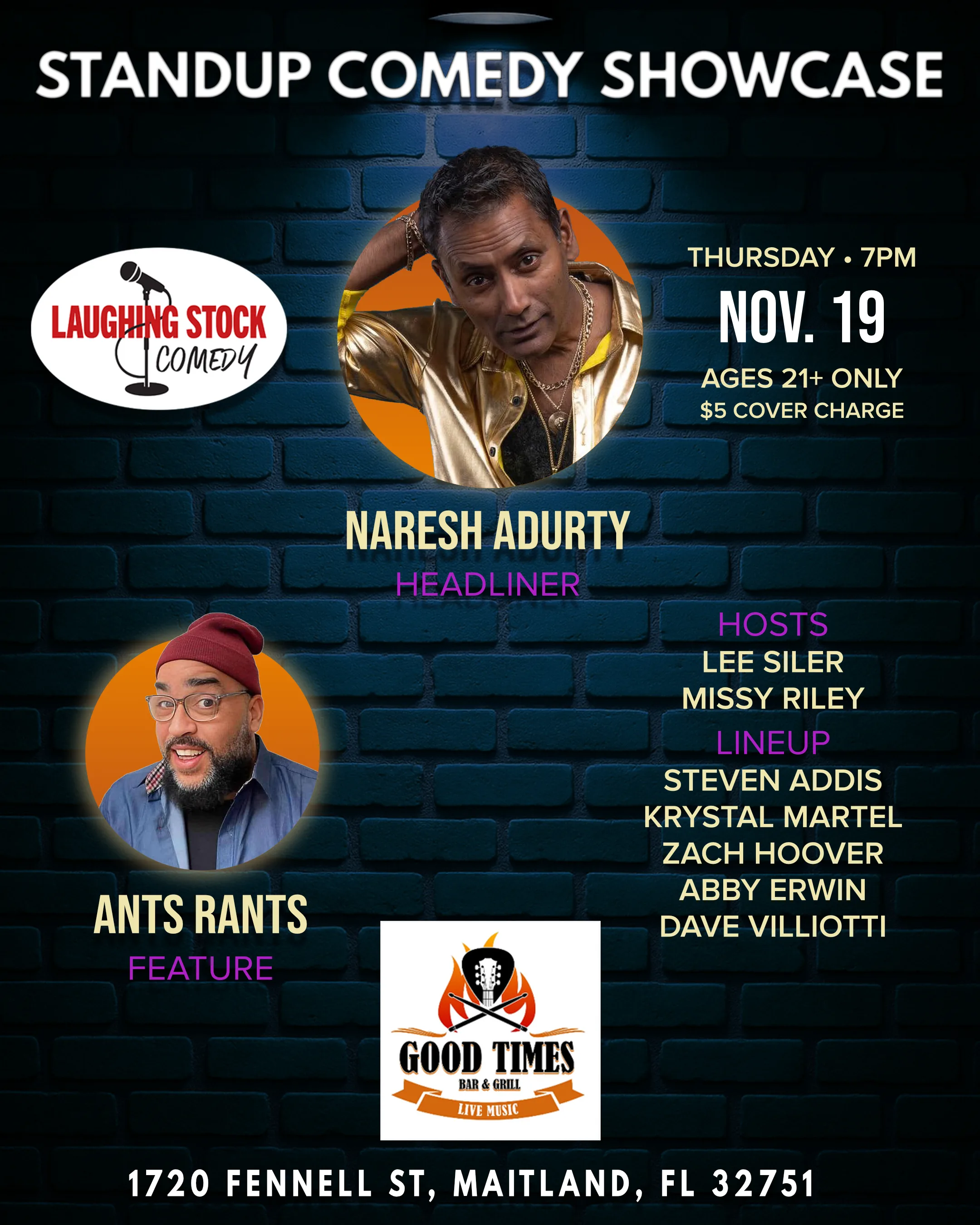 Standup Comedy Showcase poster, Thursday, November 19, Good Times Bar & Grill