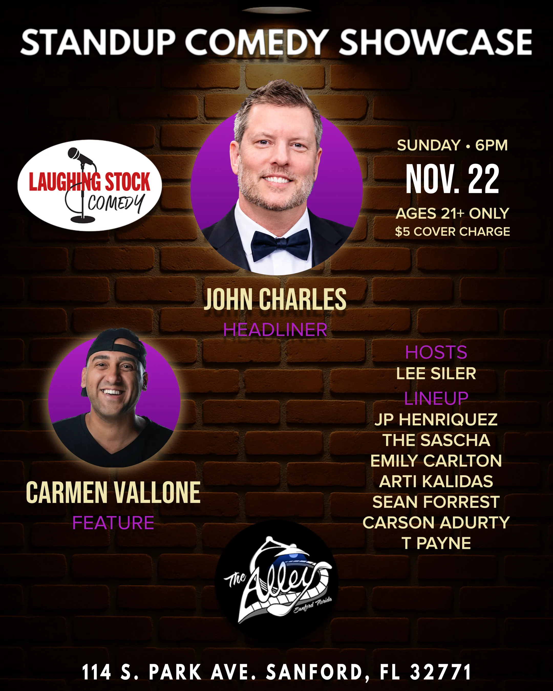 Standup Comedy Showcase poster, Sunday, November 22, The Alley