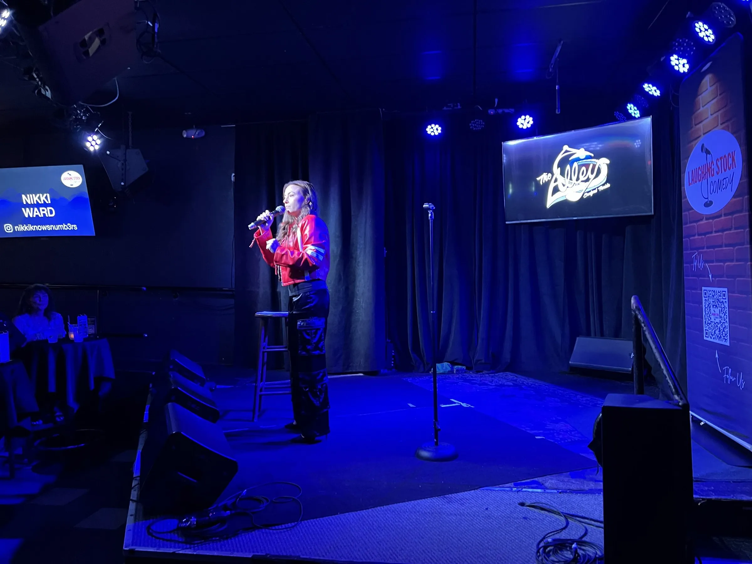 A comic on stage at The Alley